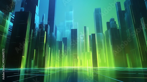 Futuristic Neon Cityscape - Abstract 3D Low-Poly Buildings in Vibrant Green and Blue Gradient Background