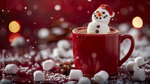 Festive winter scene with adorable marshmallow snowman peeking out of a steaming red mug, surrounded by scattered marshmallows and twinkling lights.