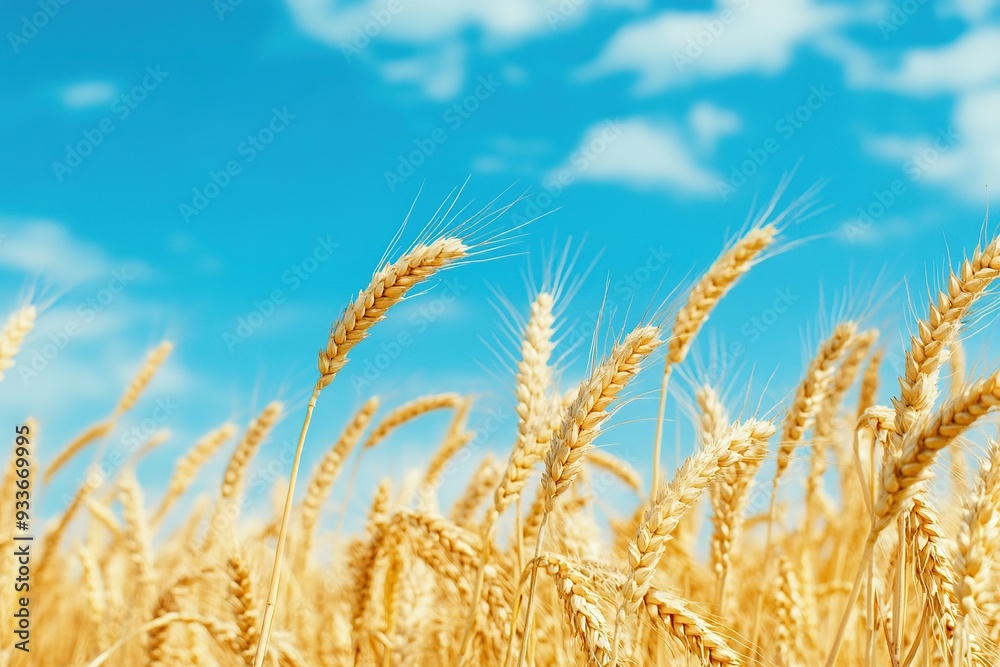 Fototapeta premium Golden wheat field under blue sky, ripe cereal crops