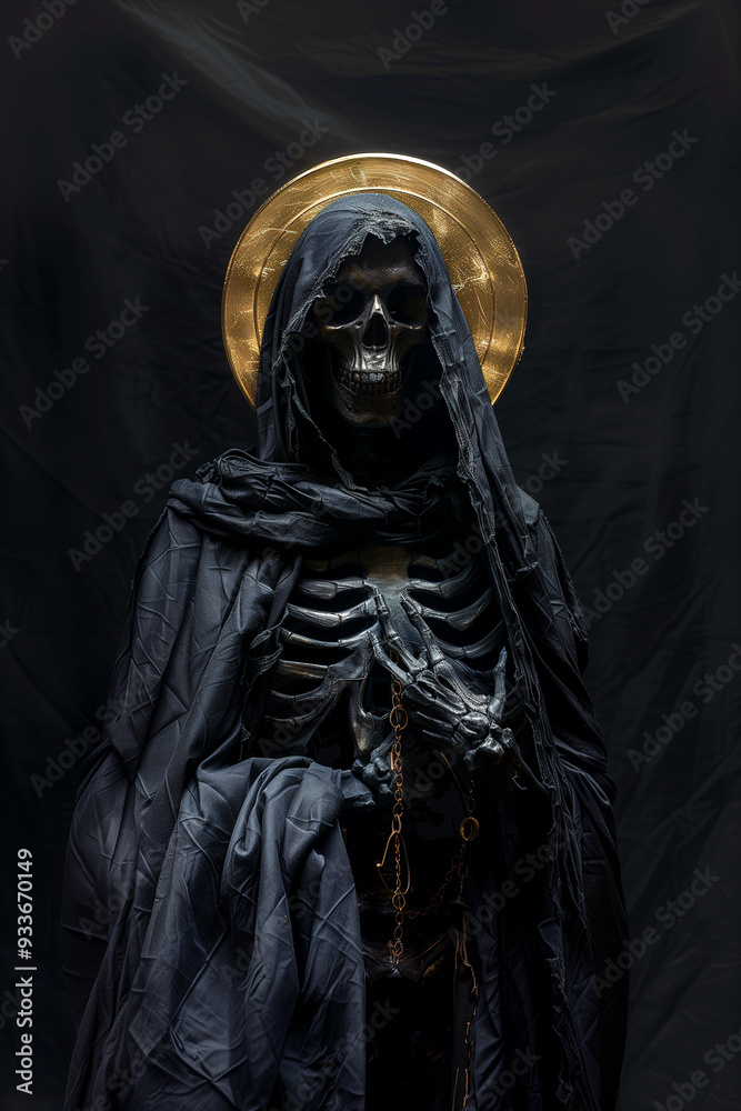 A skeleton wearing a black cloak and a gold cross on its head A skeleton wearing a black cloak and a gold cross on its head