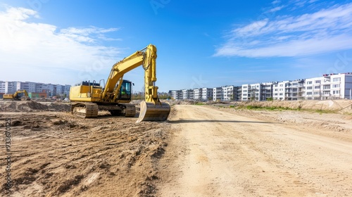 Yellow excavator on a construction site positioned on a dirt road in the foreground, construction equipment, digging operations, site development