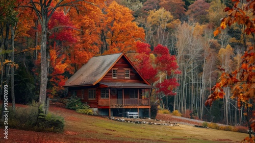 A cozy cabin nestled in the midst of trees adorned with fall foliage, where the rich colors of red, orange, and gold create a picturesque autumn scene.