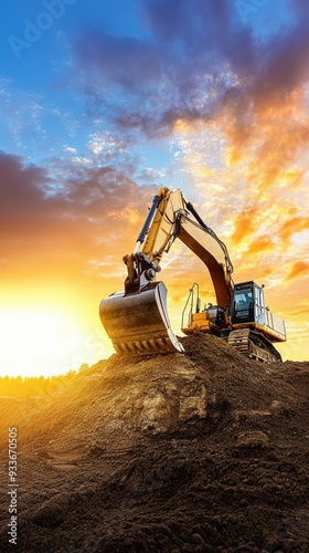 Excavator in the middle on top of a dirt hill at a construction site, heavy machinery working on site, earthmoving operation