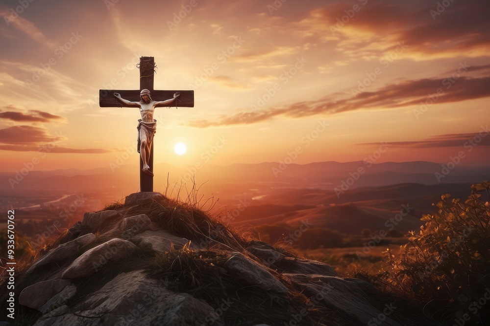 Wooden Crucifix on a Hilltop at Sunset Wooden Crucifix on a Hilltop at Sunset