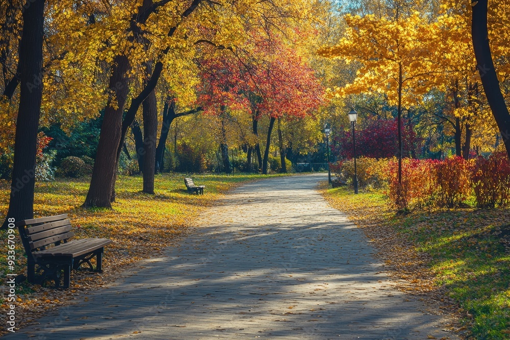 Naklejka premium A Bench in a Sun-Dappled Autumn Park Path