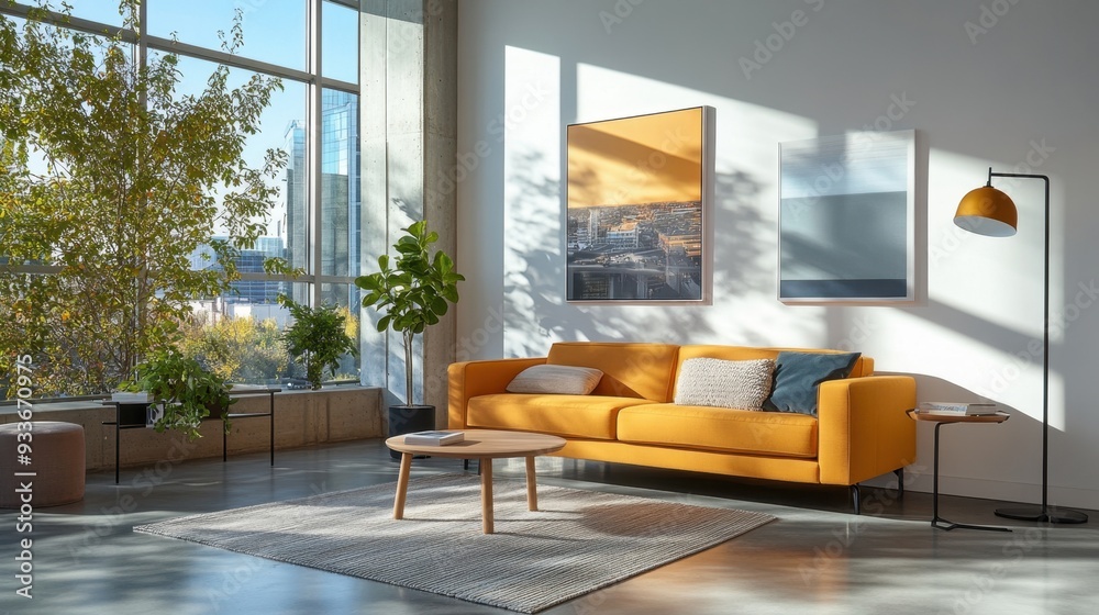 Modern loft living room with large windows, concrete floors, and stylish, minimalist furniture Modern loft living room with large windows, concrete floors, and stylish, minimalist furniture