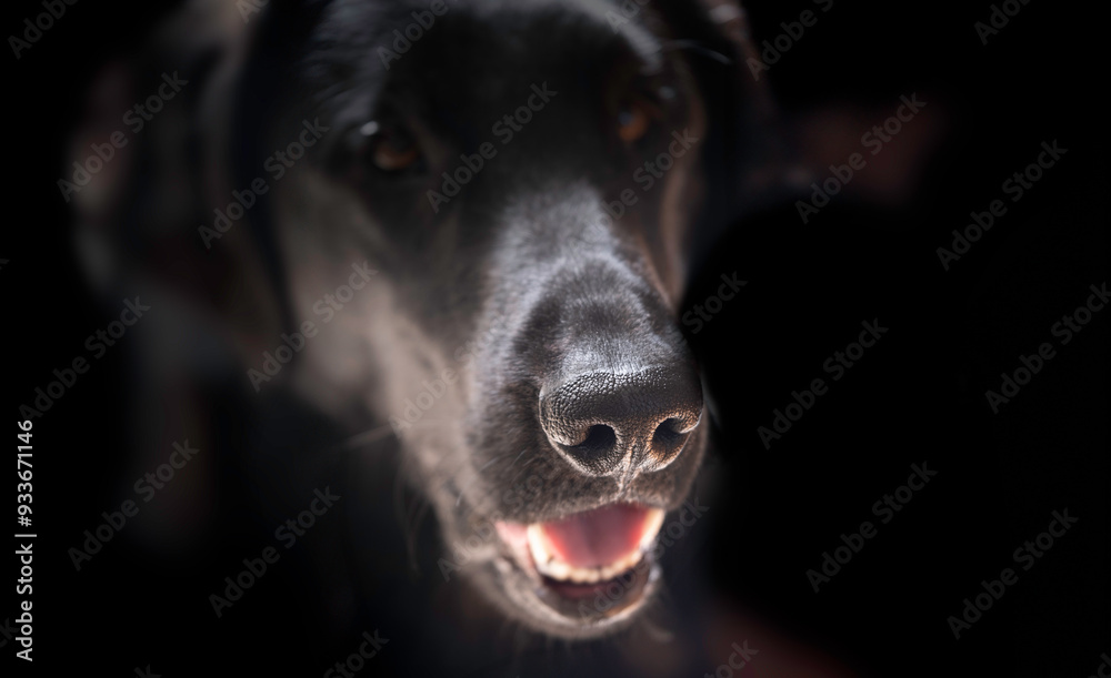 Head of a black Flat Coated Retriever, panting with mouth open, against a black background with focus on the wet shiny nose Head of a black Flat Coated Retriever, panting with mouth open, against a black background with focus on the wet shiny nose
