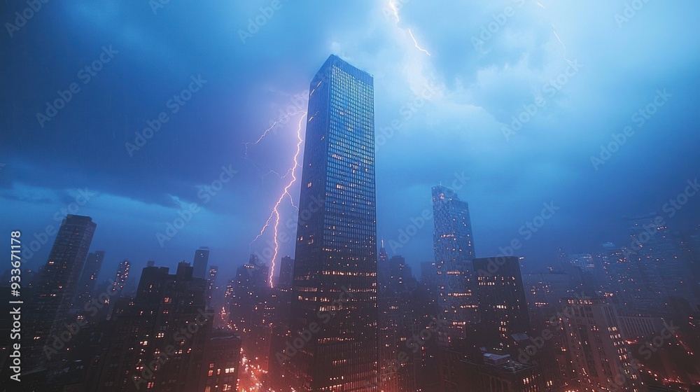 Obraz premium Electrifying Scene: Powerful Lightning Strike Illuminating Urban Skyscraper