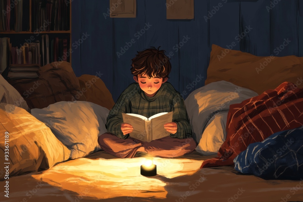 A child sitting on the floor, surrounded by pillows and blankets, doing their reading homework with a flashlight A child sitting on the floor, surrounded by pillows and blankets, doing their reading homework with a flashlight