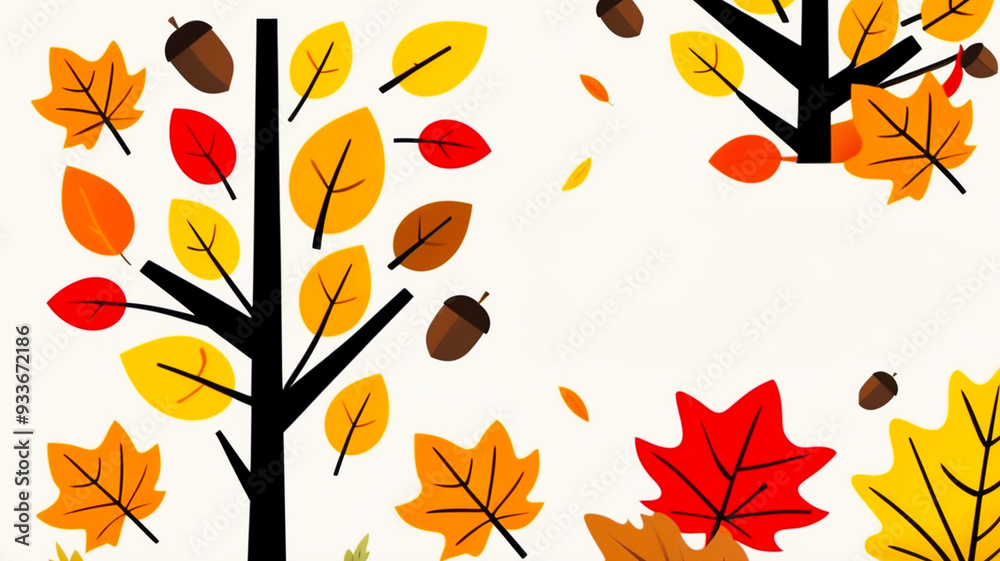 Fototapeta premium Autumn-themed illustration with colorful trees, leaves, and acorns