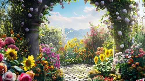 A delightful flower garden with an assortment of vibrant roses, cheerful sunflowers, and elegant calla lilies, set against a charming garden arch.