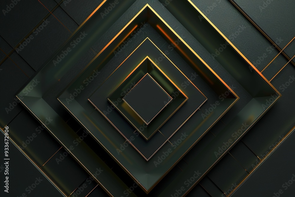 Abstract dark green background with gold borders forming a square pattern. Abstract dark green background with gold borders forming a square pattern.