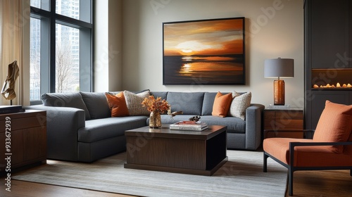 Sophisticated living room with dark wood furniture, rich colors, and a classic design photo