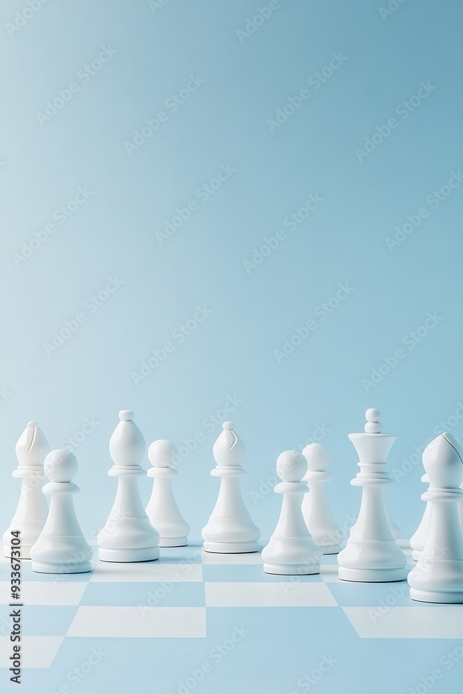 Strategic arrangement of white chess pieces on a chessboard against a soft blue background representing strategy and intelligence. Strategic arrangement of white chess pieces on a chessboard against a soft blue background representing strategy and intelligence.