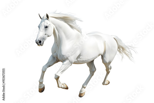 Beautiful white horse galloping isolated on white background