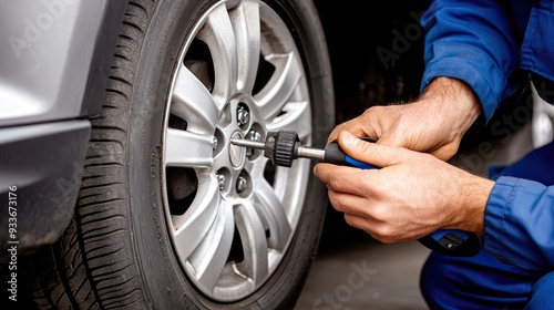 A mechanic works diligently with an impact screwdriver on a silver aluminum wheel, ensuring proper maintenance in a garage workshop