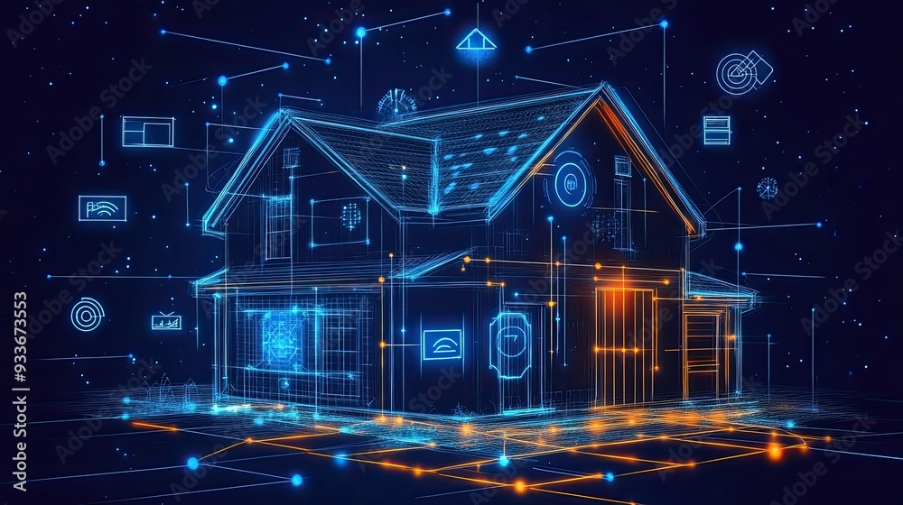 Naklejka premium Smart house encompassed by glowing information connections and digital components shown in detailed structure