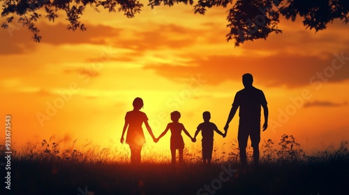 Silhouette of a happy family of four holding hands against a sunset background, capturing a sense of togetherness and warmth.