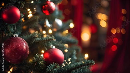 Christmas Tree With Ornament And Bokeh Lights In Red Background