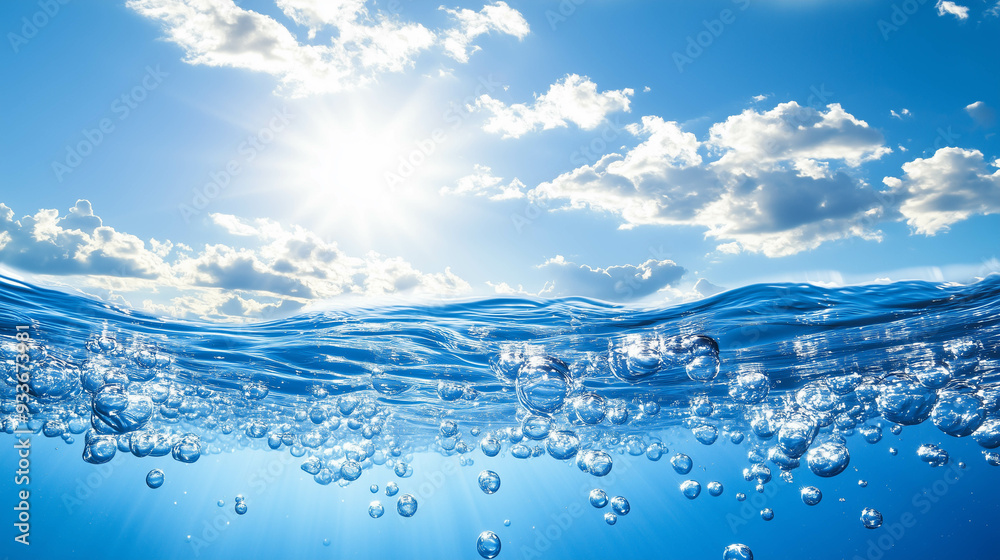 Under water sea wave and bubble with cloud on blue sky.