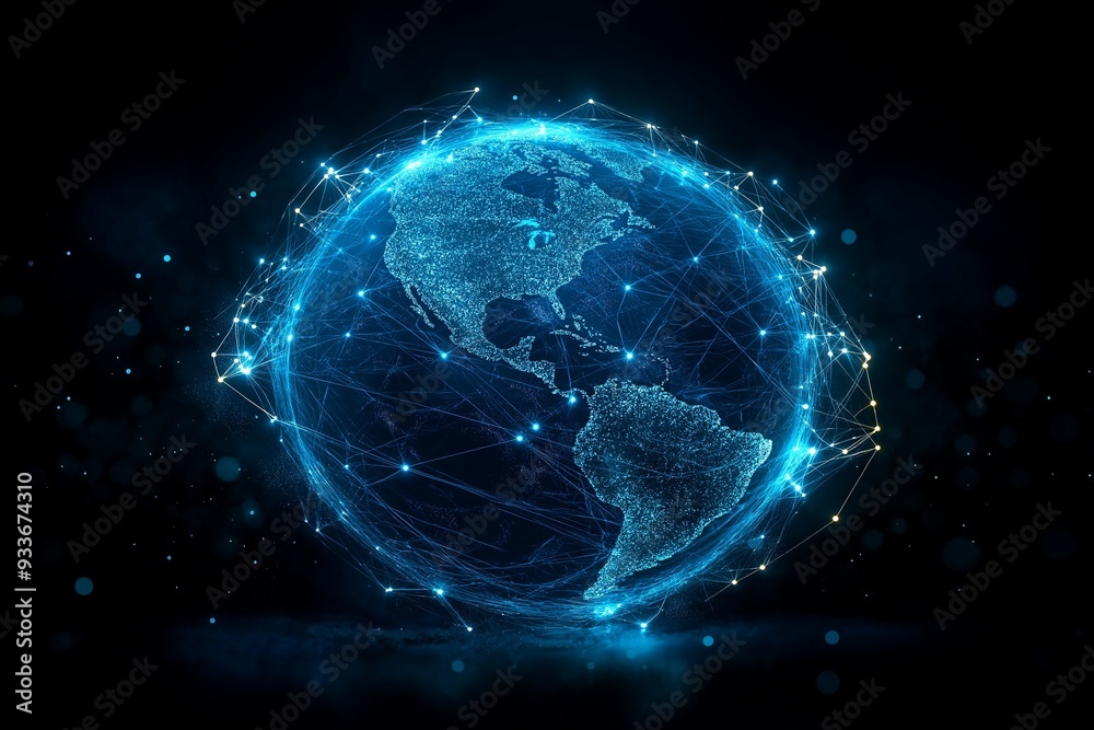 A glowing digital globe focused on the Americas, with a network of lines and points connecting across the continents A glowing digital globe focused on the Americas, with a network of lines and points connecting across the continents