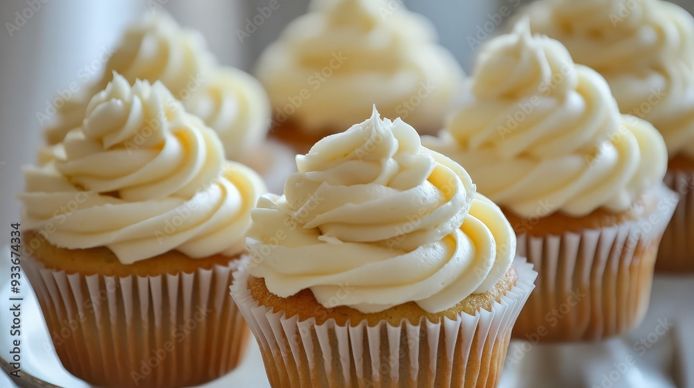 Close-up of Four Vanilla Cupcakes with Creamy Frosting Close-up of Four Vanilla Cupcakes with Creamy Frosting
