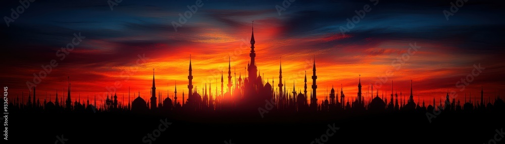 Naklejka premium A stunning sunset silhouette of a grand castle surrounded by mystical towers, set against a vibrant orange and blue sky.