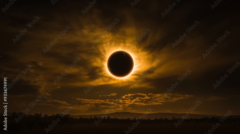 Wide-angle view of the solar eclipse with a landscape silhouette, capturing the dramatic contrast between the darkened sky and the illuminated eclipse. Wide-angle view of the solar eclipse with a landscape silhouette, capturing the dramatic contrast between the darkened sky and the illuminated eclipse.