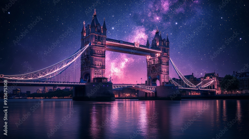 Obraz premium 40. The Tower Bridge in London, UK, glowing with pink and black patterns under a starry sky. The iconic bridge reflects in the Thames River below. Realistic, fantasy style