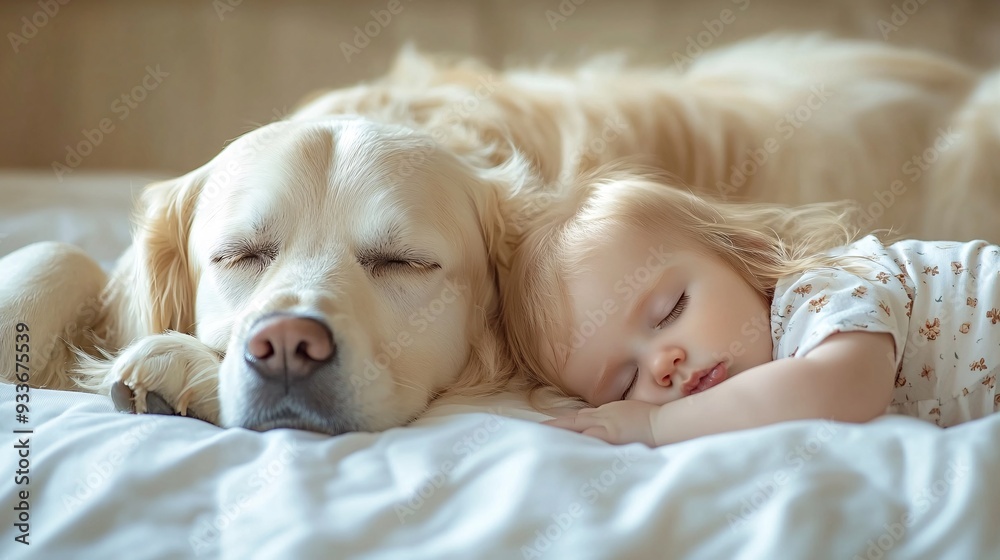 A pet dog lying calmly beside a sleeping baby in a crib highlighting the calming and soothing presence of the animal that provides comfort and security. Stock Photo with copy space A pet dog lying calmly beside a sleeping baby in a crib highlighting the calming and soothing presence of the animal that provides comfort and security. Stock Photo with copy space