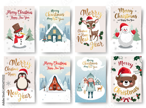 Set of Christmas cards with cute winter characters, scandinavian houses. Golden lettering. Greeting card collection. New year banner