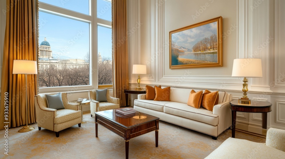 Classic French-style living room with elegant furniture, gold accents, and a sophisticated atmosphere Classic French-style living room with elegant furniture, gold accents, and a sophisticated atmosphere