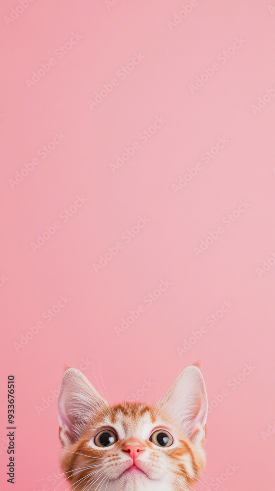 Obraz premium A close-up portrait of an adorable orange kitten with wide eyes, set against a soft pink background. The vertical composition and ample copy space above emphasize the kitten's curious and innocent exp