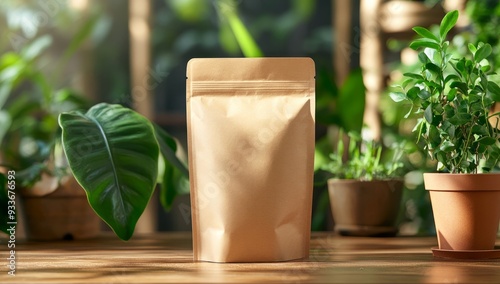 Photo of a brown kraft paper stand-up Pouch on the table photo