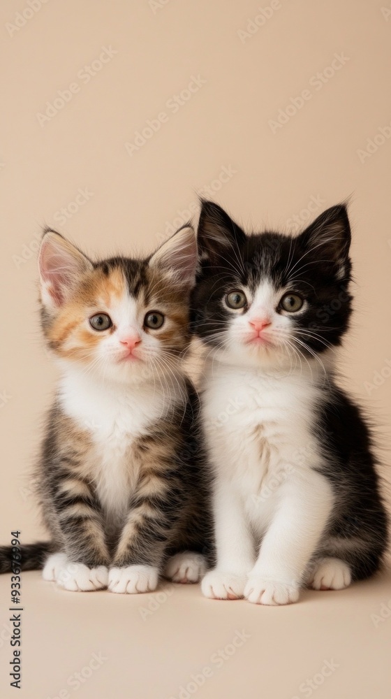 Two kittens, one with a calico pattern and the other black and white, sitting side by side on a plain beige background. Their bright eyes and tiny paws contribute to a feeling of innocence and curiosi Two kittens, one with a calico pattern and the other black and white, sitting side by side on a plain beige background. Their bright eyes and tiny paws contribute to a feeling of innocence and curiosi