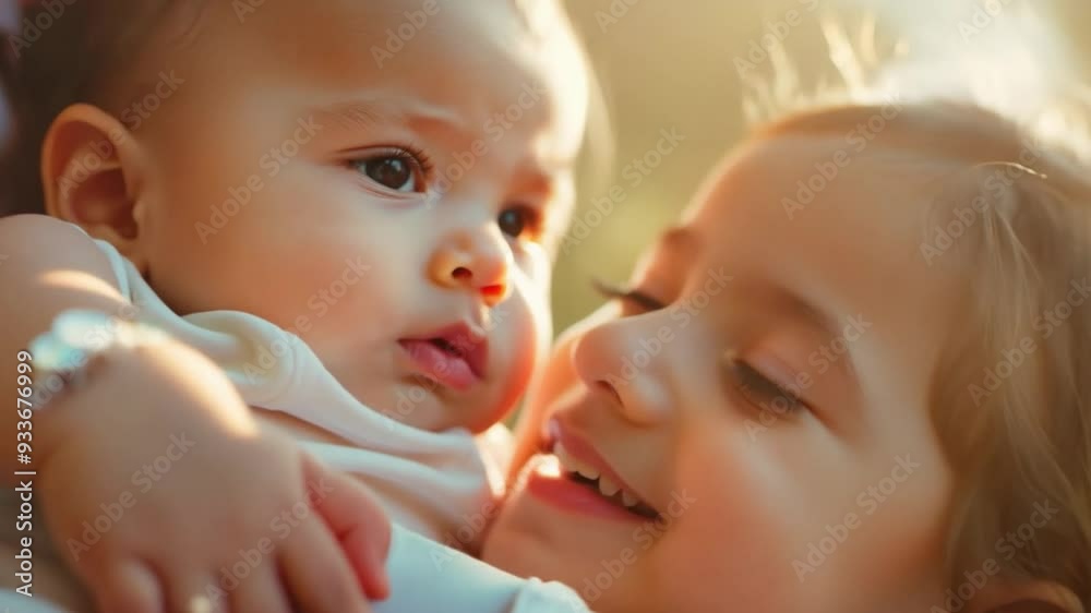 The big sister hugged her little sister and looked at her with warm eyes in her gentle embrace A little sister sleeps peacefully. The big sister hugged her little sister and looked at her with warm eyes in her gentle embrace A little sister sleeps peacefully.