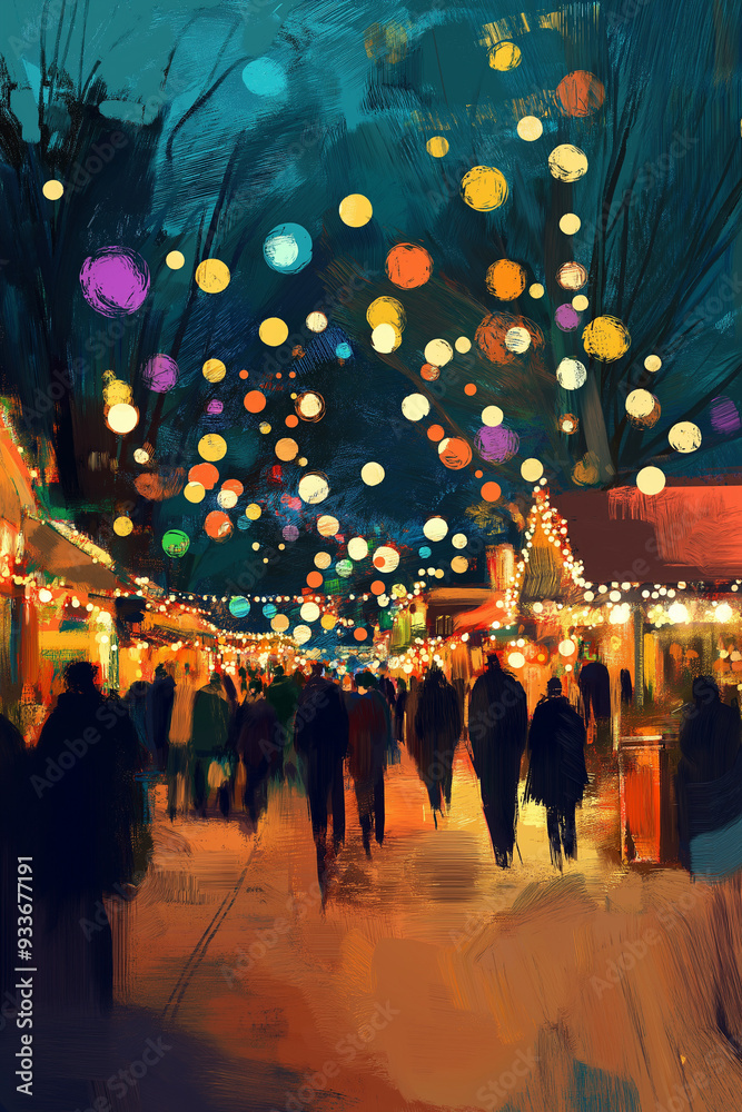 Vibrant Abstract Painting of a Festive Night Market with Colorful Lights