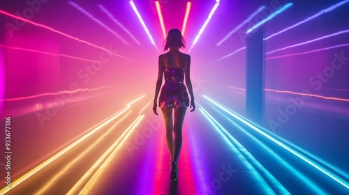 Catwalk illuminated by vibrant colored lights, model walking confidently in designer wear, creative lighting effects.