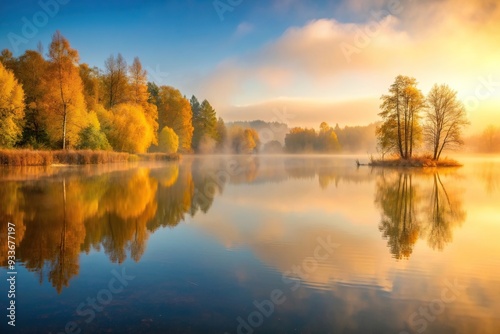Wallpaper Mural Gold autumn light illuminates the serene lake as a gentle fog blankets the surroundings in the early morning creating a minimalist and ethereal atmosphere, autumn, minimalist, surroundings Torontodigital.ca