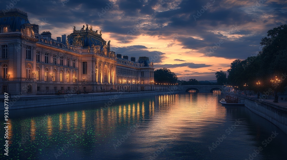 Obraz premium 42. The Palace of Versailles in France, adorned with green and gold bioluminescent patterns as night falls. The palaceâ€™s reflection in the canal adds a mystical touch. Realistic, fantasy style