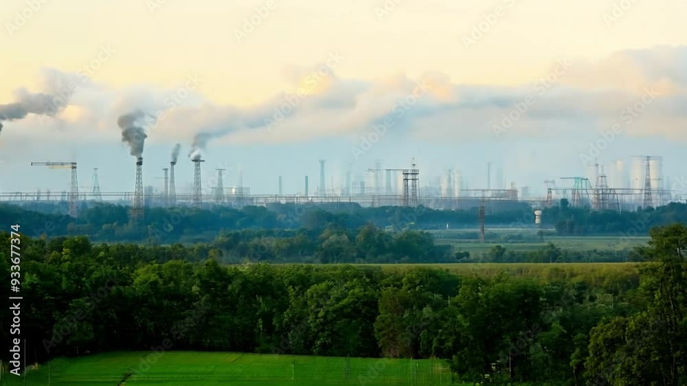 The illustration shows trees and green fields with sunny weather Compare that to factories that emit pollutants and their impact. The illustration shows trees and green fields with sunny weather Compare that to factories that emit pollutants and their impact.