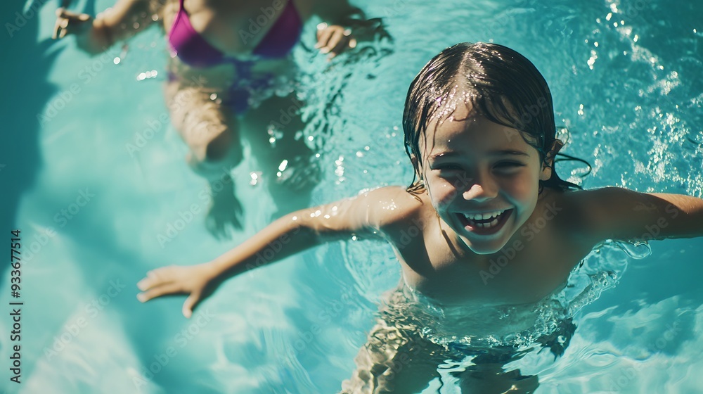 Fototapeta premium A young boy enjoys a sunny day swimming in a pool.