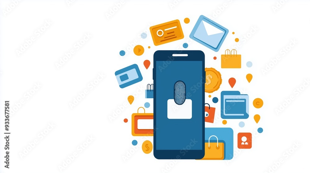 Mobile phone with digital wallet app, fingerprint authentication, flat design illustration Mobile phone with digital wallet app, fingerprint authentication, flat design illustration