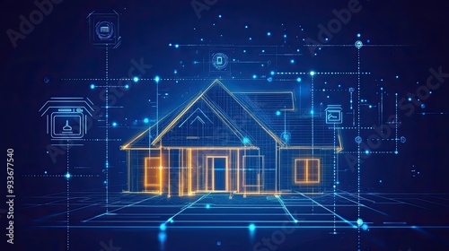 Smart house encircled by shining data links and digital elements rendered in intricate wireframe