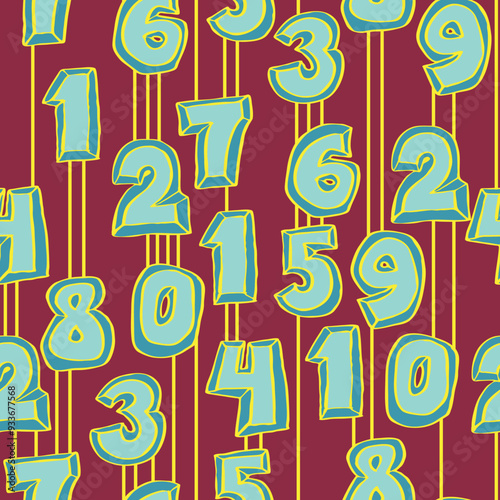 Hand drawn numbers seamless vector pattern for digital background, wallpaper and textile print. Cartoon style drawing. Education and finance theme, school lettering mathematic.