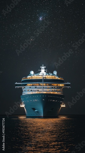 A large cruise ship illuminated at night, floating under a star-filled sky. The ship's lights reflect on the calm ocean water, creating a mesmerizing scene against the vastness of the night sky
Concep