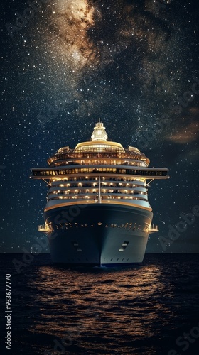 A massive cruise ship navigating under a breathtaking starry sky, with the Milky Way visible above. The ship's lights beautifully illuminate the night, reflecting on the dark water below
Concept: nigh