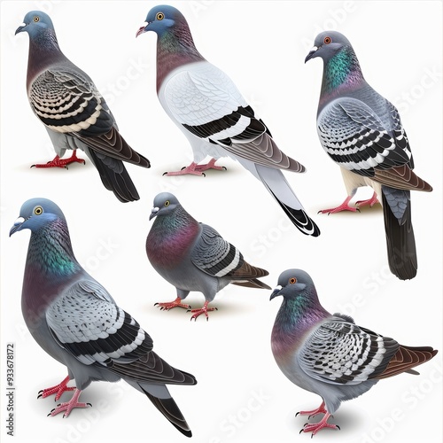 Collection of Realistic Pigeon Illustrations in Various Poses on White Background photo