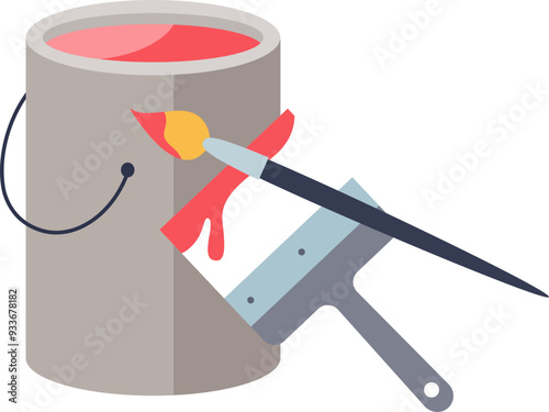A paintbrush with red paint dripping, resting on a paint bucket, symbolizing art and renovation.