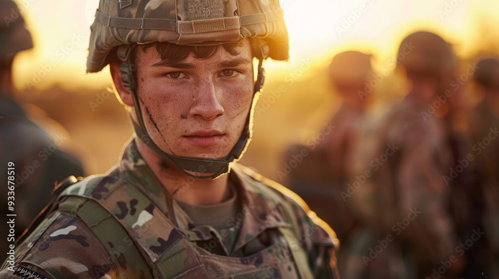 Portrait of an American soldier in uniform and helmet with his team in the background. Cinematic lighting highlights Portrait of an American soldier in uniform and helmet with his team in the background. Cinematic lighting highlights